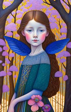 a painting of a girl with long brown hair and blue wings holding a pink flower