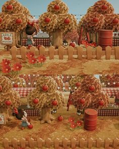 an animated scene with apples trees and people