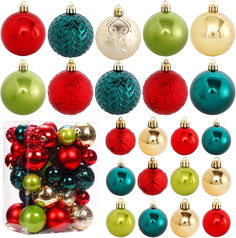 christmas ornaments are arranged in different colors and sizes