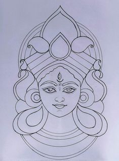 a drawing of a woman's face with long hair and an intricate design on the forehead