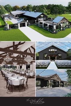 a collage of photos showing the interior and exterior of a barn with an outdoor dining area