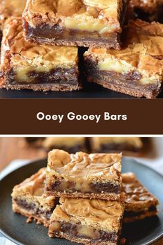 gooey gooey bars are stacked on top of each other and ready to be eaten