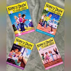 four children's books are shown on a gray background with the title nancy drew and the clue crew