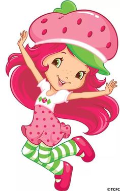 a cartoon girl with a strawberry on her head and pink hair is jumping in the air