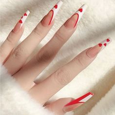 Nails Red And White, Coffin Nail Art Designs, Nail Designs Valentines, Pretty Nail Designs, Color Nails, Coffin Shape Nails, Christmas Nail Designs, Heart Nails