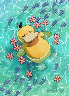 a painting of a duck floating in the water with flowers on its back and fish swimming around