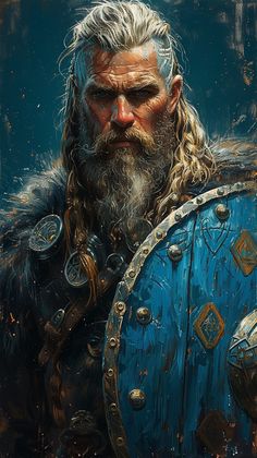 a painting of a man with long hair and beard holding a blue shield