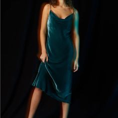 Beautiful Velvet Slip Dress From Aritzia. Perfect For Special Occasions And The Holidays! Worn Once, In New Condition Length 49 In Pit-To-Pit 16.5 In Waist 14 In Elegant Blue Knee-length Slip Dress, Elegant Green Slip Dress For Casual Occasions, Asymmetrical Neckline Dress, Olive Green Midi Dress, Tube Top Romper, Gorgeous Summer Dresses, Summer Flower Dress, Wrap Sweater Dress, Aritzia Dress