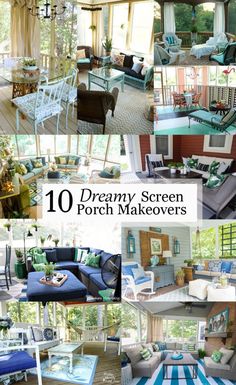 many different pictures of couches, chairs and tables in a room with lots of windows