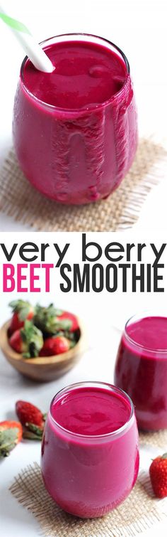 a pink smoothie in a bowl with strawberries on the side and text overlay that reads very berry beet smoothie