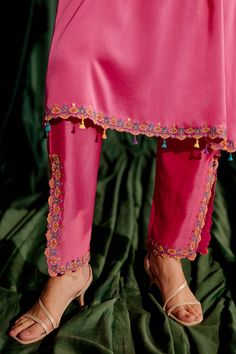 Fuchsia pink kaftan with floral bead embroidery and cutwork hem. Paired with coordinating cutwork pant. - Aza Fashions Pink Silk Palazzo Set With Intricate Embroidery, Bollywood Style Pink Pant Set With Resham Embroidery, Pink Pant Set With Dupatta For Eid, Bollywood Style Pink Pant Set For Diwali, Pink Pant Set With Dupatta For Wedding, Pink Bollywood Pant Set For Diwali, Festive Pink Pant Set With Dupatta, Pink Wedding Pant Set With Dupatta, Pink Chikankari Embroidered Wedding Pant Set