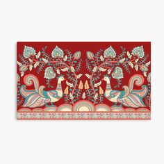 an intricately designed red and blue border with birds, flowers and leaves on it