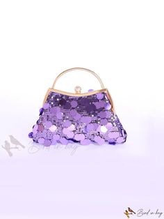 Bird in Bag - Sparkling Decorated Fashionable Evening Bag with Metallic Chain Trendy Purple Evening Bag, Chic Purple Shoulder Bag For Party, Trendy Purple Clutch Evening Bag, Purple Party Shoulder Bag With Detachable Handle, Trendy Purple Party Bags, Purple Shoulder Bag For Parties, Purple Pouch Bag For Party, Purple Party Bag With Detachable Handle, Purple Party Bags With Detachable Handle