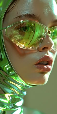 a woman with green glasses on her face and hair in the shape of an alien