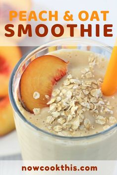 peach and oat smoothie in a glass with an orange straw on the side