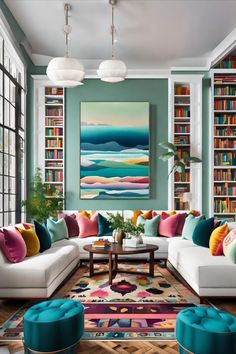 a living room filled with lots of furniture and bookshelves covered in colorful pillows