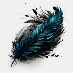 a blue and black feather with ink splatters on it's back side