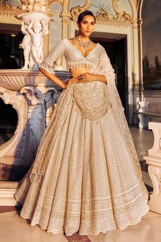 Pearl Lehenga, Embroidery With Pearls, Scalloped Dupatta, Elbow Sleeve Blouse, Pearl Tassels, Crystal Embroidery, Vogue India, Ladies Gown, Sharara Set