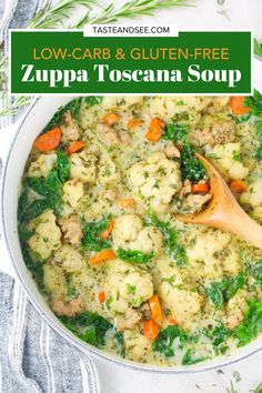 This Zuppa Toscana Soup is a low-carb and gluten-free recipe! Loaded with tons of flavor from spicy Italian Sausage, fresh herbs, Parmesan cheese, tender kale, and cauliflower, all in a rich, creamy broth. This easy version of Olive Garden’s Zuppa Toscana soup recipe is a healthy twist on the classic you’ll make time and time again! Easy Zuppa Toscana Soup, Zuppa Toscana Soup Recipe, Toscana Soup Recipe, Turkey Italian Sausage, Spicy Italian Sausage, Zuppa Toscana Soup, Tuscan Soup, Toscana Soup, Drink Inspiration