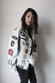 "This is our second jacket with one of our favorite Back patches - AIRBORNE. Levis SIZE MEDIUM.  The cut on this jacket is more relaxed, it has a slight \"V\" shape and slouchy fit that is vintage and modern at the same time. CHEST: 24\" from pit to pit buttoned up Shoulder to hem: 23\" Sleeve: 23\" (slightly dropped shoulder seam) Shoulder seam to shoulder seam: 23\"" Oversized Long Sleeve Denim Jacket With Patches, Oversized Denim Outerwear With Patches, Oversized Casual Denim Jacket With Patches, Oversized Casual Outerwear With Patches, Casual Oversized Outerwear With Patches, Spring Streetwear Outerwear With Patches, Casual Outerwear With Embroidered Patch For Streetwear, Casual Embroidered Patch Outerwear For Streetwear, Spring Streetwear Outerwear With Embroidered Patch