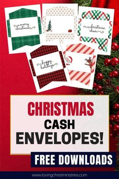 christmas cash envelopes with the text free printables on top and below them