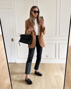 How to Wear Loafers—21 Stylish Ways to Style Them Womens Business Casual Jeans Outfit, Camel Blazer Outfits Women, Brown Loafers Outfit Women, Camel Blazer Outfit, Brown Blazer Outfit, Blazer Outfits Women, Oversized Blazer Outfit, Celine Belt, How To Wear Loafers