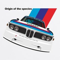 an advertisement for the bmw race car, featuring a white and blue stripe on it's front end