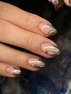 New Years Nail Designs Chrome, Metalic Nails Short, Metallic Nails Gel, New Years Nail Designs 2024, Short Nail Chrome Designs, Short Nails With Chrome, Metallic Short Nails, Metallic White French Tip Nails, Short Crome Nails Design