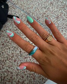 #blue #green #nails #trendy #2021 #summer Blue Green Almond Nails, Green And Blue Nail Art, Blue And Green Nail Art, Summer Acrylic Nails Green, Summer Acrylic Nails Almond Shape, Blue And Green Nails Ideas, Very Simple Nail Designs, Green And Blue Nails Designs, Nail Art Ete