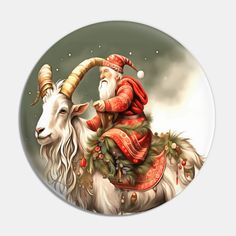 a painting of a goat with a santa clause on it's back