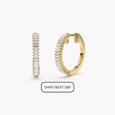 14k Diamond Huggies / 14k Gold Baguette Diamond Hoop Earrings /  Dainty Minimal Hoop Earrings / Ear Stacking / 14k Gold Huggies Ferkos Fine Jewelry Item Details * Made to Order. * Gold Kt: 14K * Custom Gold Color: Rose Gold, Yellow Gold, White Gold * Inner Diameter: 12.5 MM * Baguettes Diamonds: 38 Pcs 2 x 1 MM * Total CTW: 0.48 (pair) * Diamond Color-Clarity: G Color VS * Setting Type: Prong Setting ▶ See more of our Diamond Earrings - http://etsy.me/2lyqVBP ▶ See our storefront here - http://etsy.me/2lUcVnH  ▶ All store sections here * Diamond Rings - http://etsy.me/2lwKUl8 * Diamond Earrings - http://etsy.me/2lyqVBP * Diamond Necklace - http://etsy.me/2mqa6O1 * Diamond Bracelets - http://etsy.me/2mVrAB5 * Diamond Wedding Rings - https://etsy.me/3YbpVq2 * Gold Wedding Band - https://etsy 14k Gold Hoop Earrings With Baguette Diamonds, Small Hoop Earrings In Yellow Gold With Baguette Diamonds, Small Hoop Yellow Gold Earrings With Baguette Diamonds, Gold Baguette Cut Huggie Earrings For Anniversary, Gold Hoop Earrings With Baguette Diamonds For Anniversary, Luxury Yellow Gold Hoop Earrings With Baguette Diamonds, Fine Jewelry Yellow Gold Hoop Earrings With Baguette Diamonds, Yellow Gold Hoop Earrings With Baguette Diamonds, Huggie Hoop Earrings With Baguette Diamonds In Yellow Gold