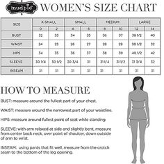 women's size chart with measurements for the top and bottom part of her body