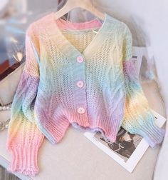 Pastel Rainbow Cropped Sweater Cardigan Kawaii Fashion Aesthetic Colorful Cropped Sweater, Cute Bright Colored Outfits, Pastel Striped Sweater, Aesthetic Pastel Clothes, Pastel Rainbow Shirt, Pastel Rainbow Cardigan, Pastel Rainbow Outfit Aesthetic, Pastel Rainbow Aesthetic Outfit, Pastel Feminine Outfits