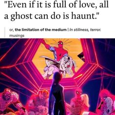 a man standing in front of a group of animated characters with caption that reads, even if it is full of love, all a ghost can dis