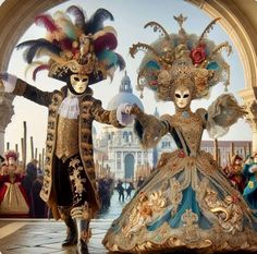 two people dressed in elaborately designed costumes