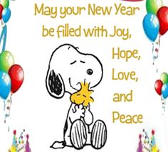 a happy new year card with a cartoon dog holding a star in his mouth and balloons around him