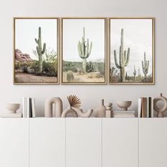 three cactus pictures hanging on the wall above a white cabinet with books and vases