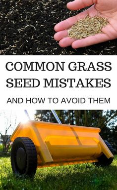 someone is holding their hand over the wheel of a yellow lawn mower with seeds in it