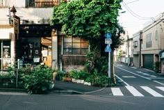 an empty street in front of a building with lots of greenery on the corner