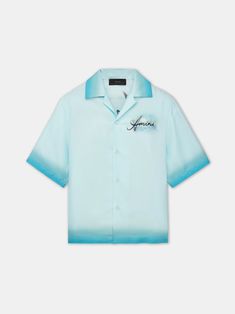 RESORT CLUB BOWLING SHIRT - Cerulean – AMIRI Luxury Summer Shirt With Graphic Print, Luxury Graphic Print Shirt For Summer, Luxury Short Sleeve Summer Shirt, Luxury Polo Collar Tops For Summer, Luxury Blue Tops For Summer, Luxury Blue Summer Shirt, Luxury Blue Shirt For Summer, Amiri Menswear, Cursive Logo