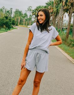 Relax all day in the super comfy Stud-Striped Sweat Shorts & Sweatshirt. Available in on-trend colors of off-white and heather grey. Comfy Sets, Sweat Shorts, Color Trends, Short Tops, Sports Women, Online Boutique, Athleisure, White Shorts, Heather Grey