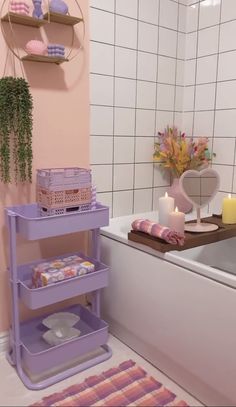 a bath room with a tub and a shelf