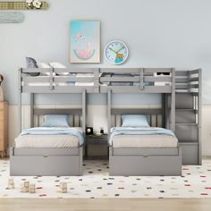 Bellemave Triple Bunk Bed for 3, Wood Full over Twin & Twin Bunk Bed with Stairs and Storage Drawers, Triple Bunk Bed for Kids/Teens/Adults (Grey) - Walmart.com 3 People Bedroom, Bunk Beds For 3, Stairs And Storage, Kids Triple Bunk Beds, Beds With Stairs, Beds Frame, Bunk Beds Small Room