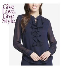 in stock Gorgeous Blouses, Pretty Top, Tie Neck Blouse, Classic Elegant, Blouse Online, Tommy Hilfiger Women, Sheer Sleeves, Navy Color, Boot Shoes Women