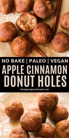 no bake pale vegan apple cinnamon donut holes with cinnamon sticks in the background