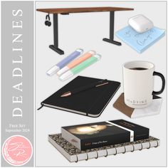 there are many items that can be found in this set including books, pens, and coffee mugs