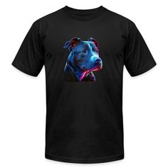 a black t - shirt with a blue pitbull on the front and back