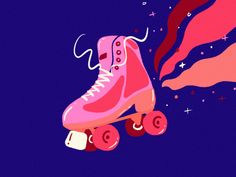 a pair of pink roller skates flying through the air with stars in the background