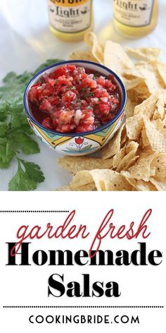 garden fresh homemade salsa in a bowl with tortilla chips