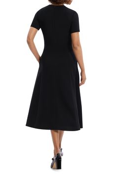 Go from the office to evening events with ease in this versatile A-line dress cast in a timeless hue. 49 1/2" length (size 8) Hidden back-zip closure Jewel neck Short sleeves Side-seam pockets Lined 70% triacetate, 30% polyester Dry clean Imported Fit And Flare A-line Midi Dress For Work, A-line Midi Dress With Box Pleat For Office, Sleek A-line Midi Dress With Flattering Silhouette, Chic A-line Dress For Business Casual, Office A-line Midi Dress With Box Pleat, Elegant A-line Dress With Side Zipper, Office Midi Dress With Box Pleat, A-line Fit And Flare Midi Dress For Work, Evening A-line Midi Dress With Box Pleat